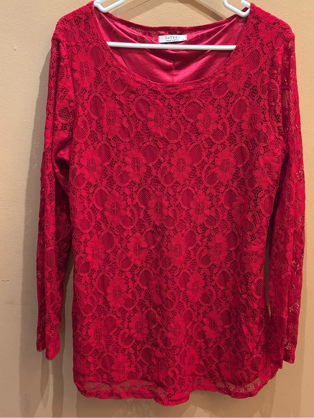 SoTeer Lace Long Sleeve Top Curved Hem Double Layers Blouse Size XL